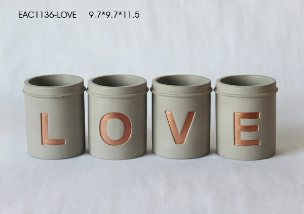 Cement/concrete embossed logo LOVE HOME wax candle jar with metal lid