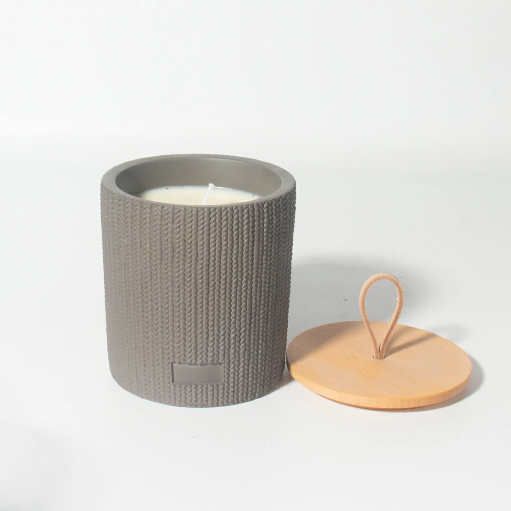 Custom logo and shape support unique knit type texture cement/concrete wax candle jar with wood lid