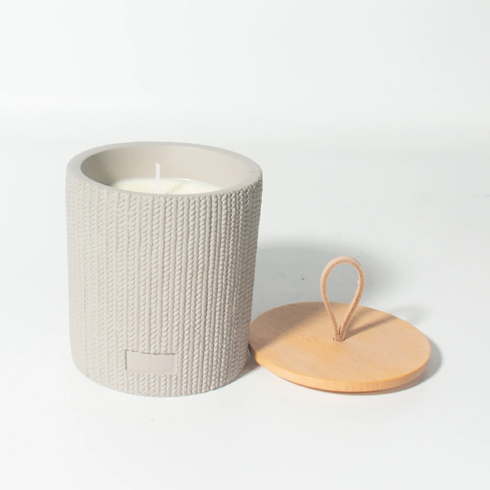 Custom logo and shape support unique knit type texture cement/concrete wax candle jar with wood lid