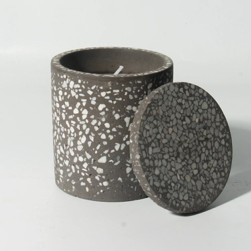 Wholesale New Arrival Empty Terrazzo Stone Candle Concrete Jar with Lid for Soy Wax Candle Making