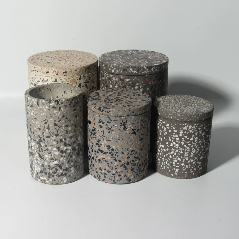 Wholesale New Arrival Empty Terrazzo Stone Candle Concrete Jar with Lid for Soy Wax Candle Making