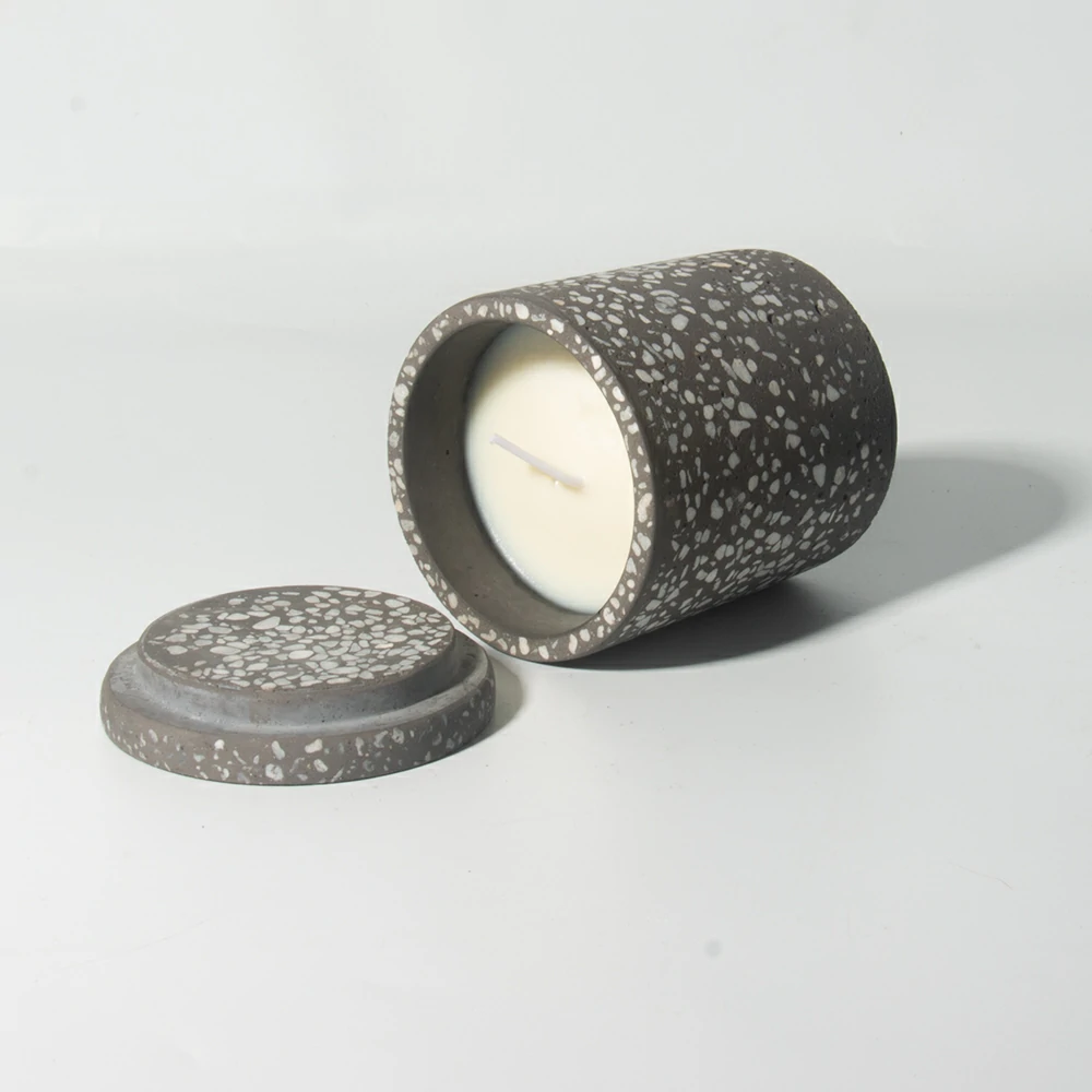 Wholesale New Arrival Empty Terrazzo Stone Candle Concrete Jar with Lid for Soy Wax Candle Making