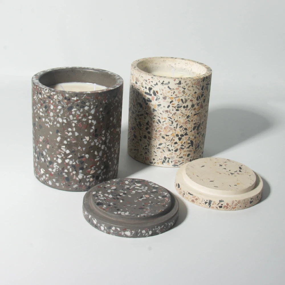 Recycled concrete terrazzo candle jars wholesale empty container for candle vessel making customized candle jars with lid