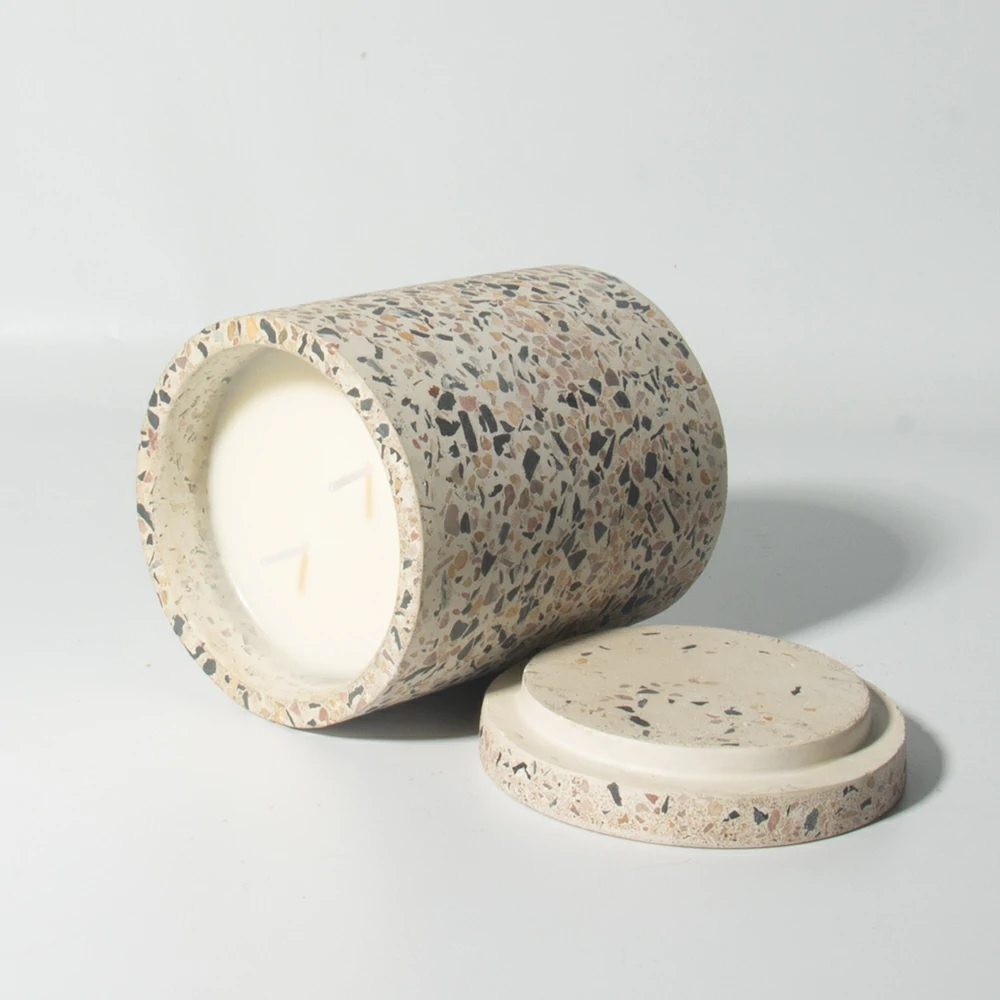 Recycled concrete terrazzo candle jars wholesale empty container for candle vessel making customized candle jars with lid