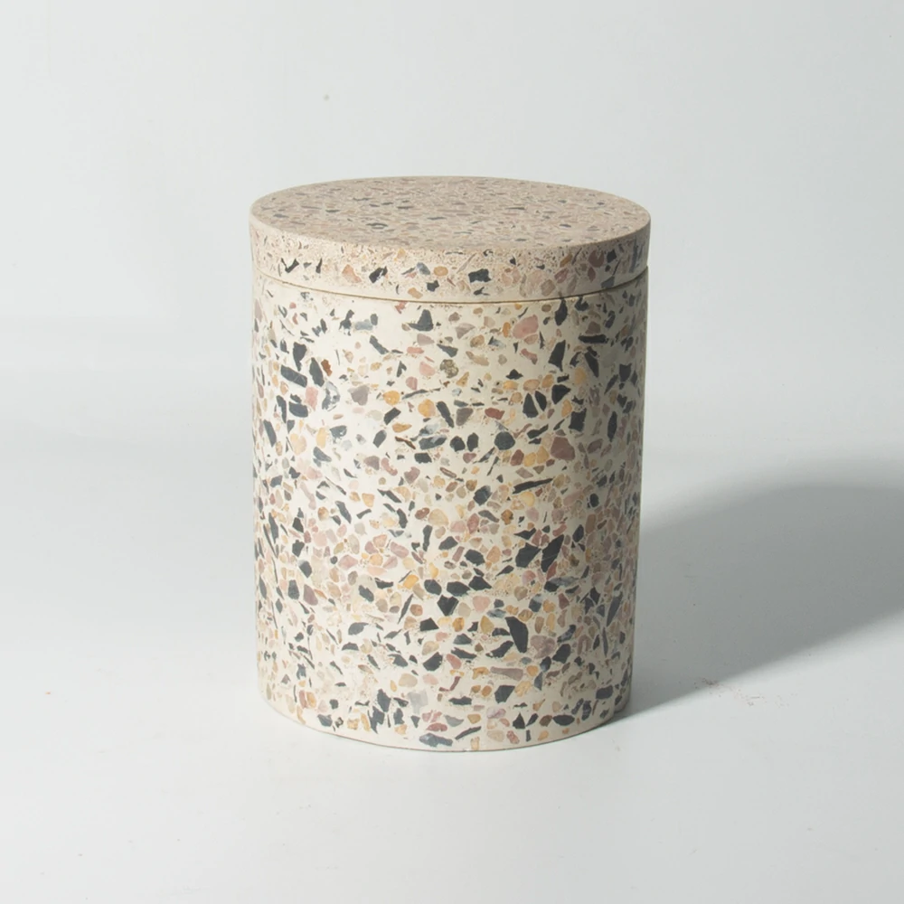 Recycled concrete terrazzo candle jars wholesale empty container for candle vessel making customized candle jars with lid