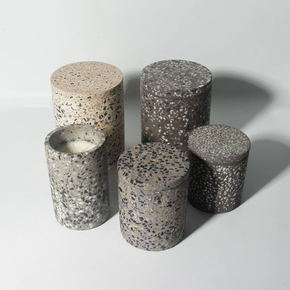 Recycled concrete terrazzo candle jars wholesale empty container for candle vessel making customized candle jars with lid