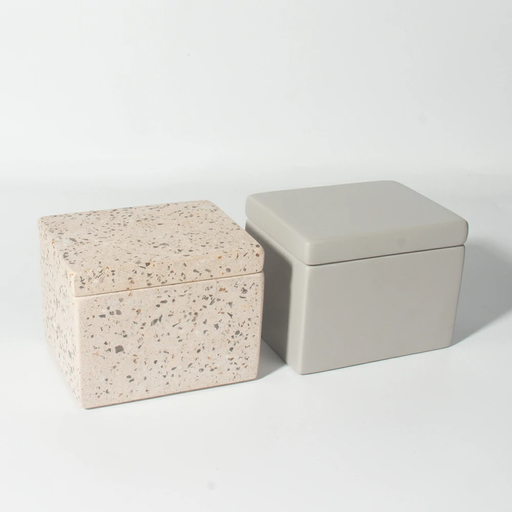 Custom logo supporting rectangle cement/concrete candle vessles set terrazzo empty candle jar with lid for home decoration hotel and SPA using