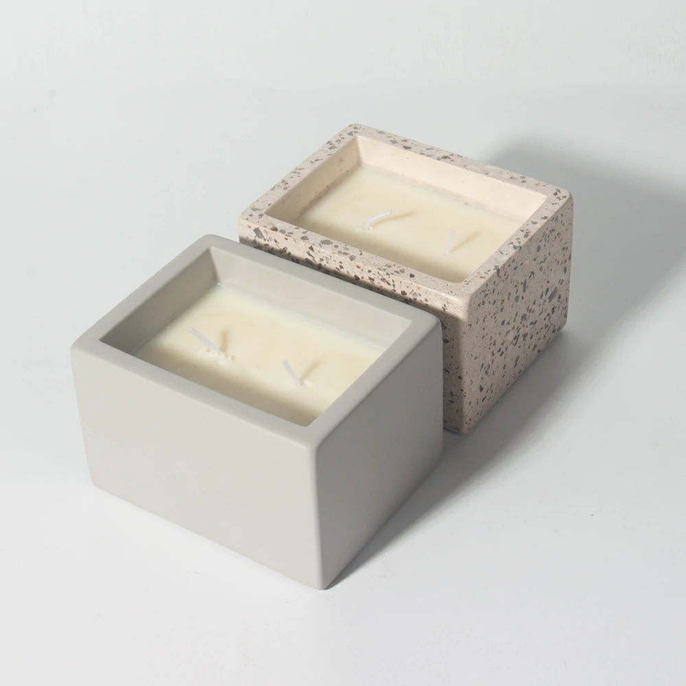 Custom logo supporting rectangle cement/concrete candle vessles set terrazzo empty candle jar with lid for home decoration hotel and SPA using