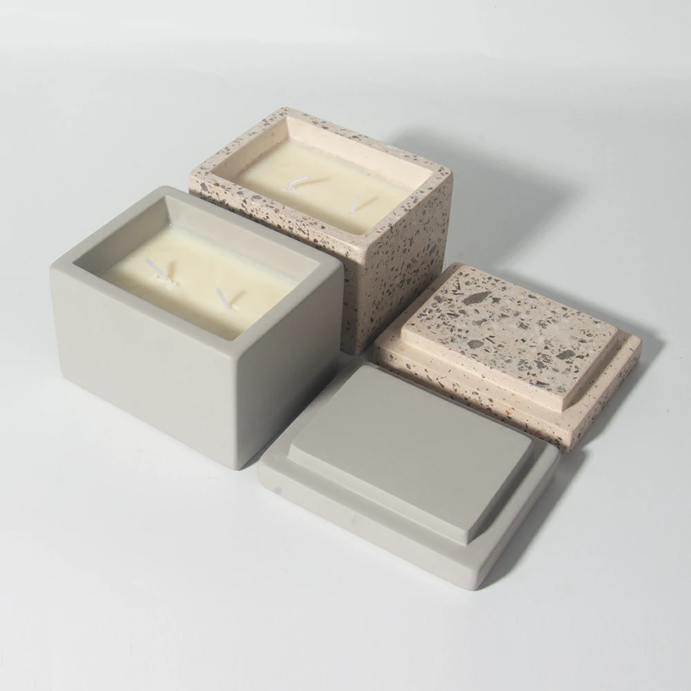 Custom logo supporting rectangle cement/concrete candle vessles set terrazzo empty candle jar with lid for home decoration hotel and SPA using