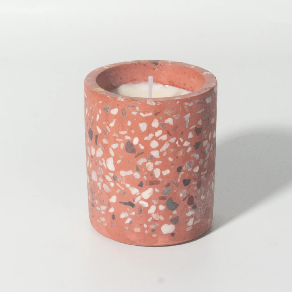 New design red terrazzo stone candle container cement/concrete candle vessels natural materials empty candle jars for decorations