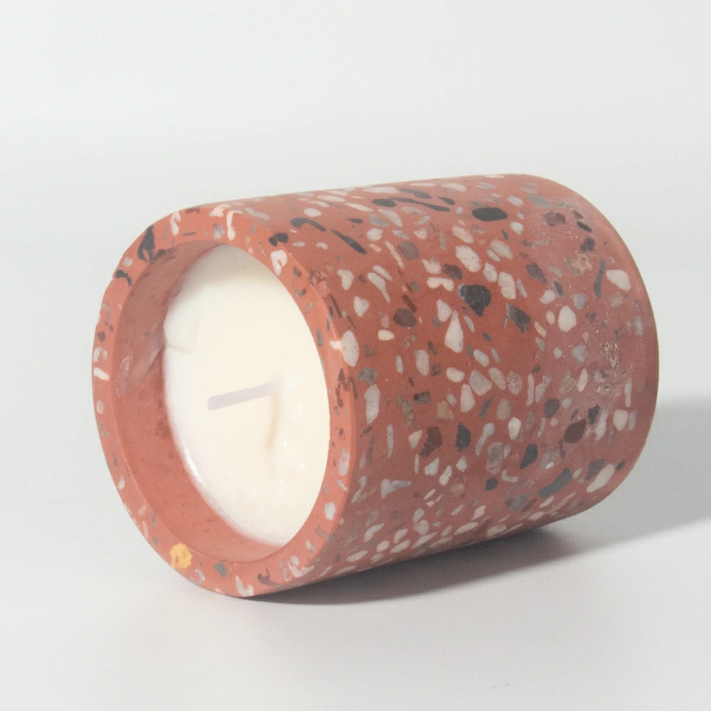 New design red terrazzo stone candle container cement/concrete candle vessels natural materials empty candle jars for decorations