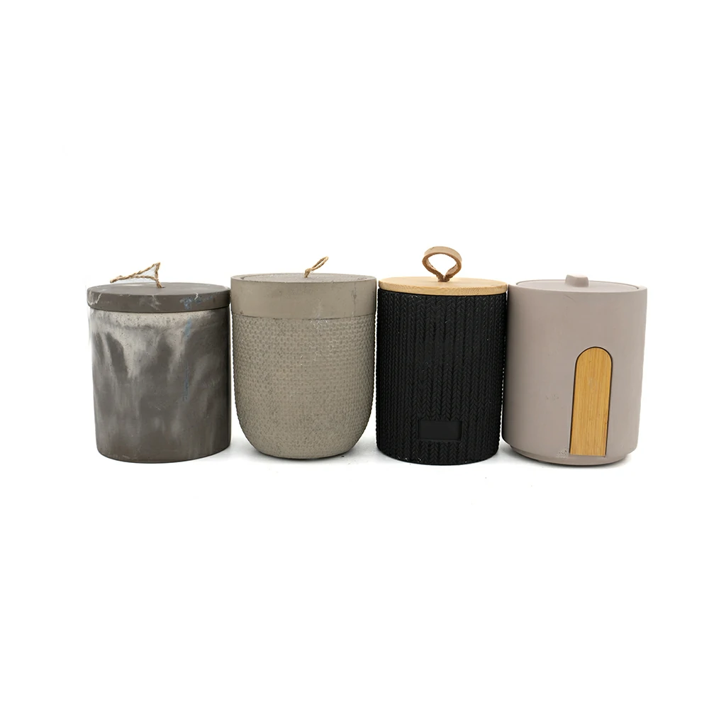 Custom logo supporting knit type cement/concrete wax balck candle jar with wood lid