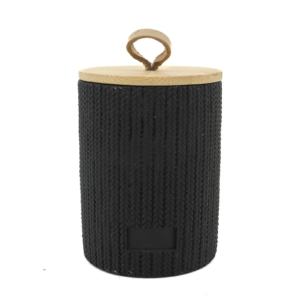 Custom logo supporting knit type cement/concrete wax balck candle jar with wood lid