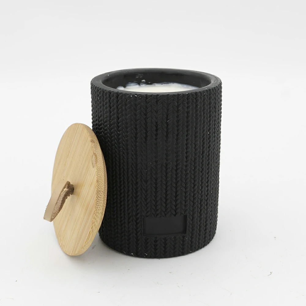 Custom logo supporting knit type cement/concrete wax balck candle jar with wood lid