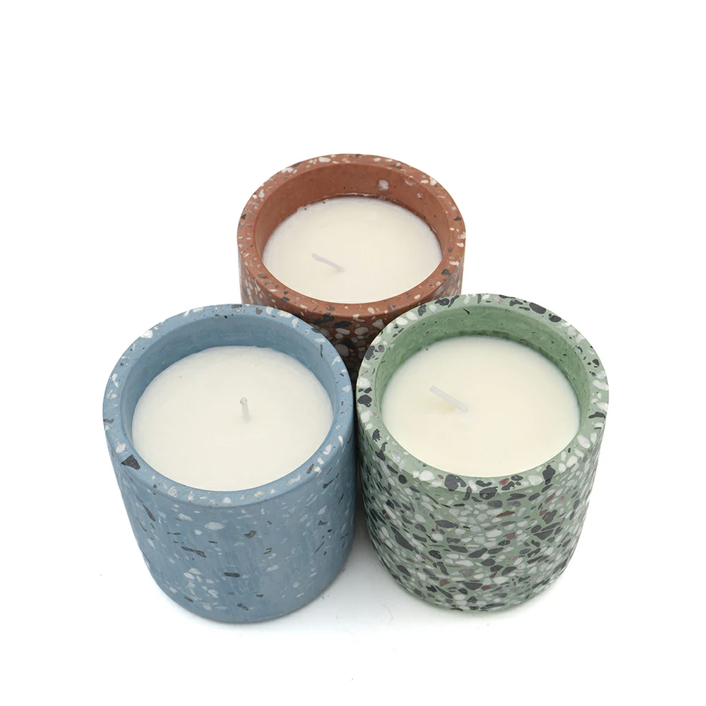 Moden cylinder design terrazzo cement/concrete candle container scents wax candle jars for hotel and home using custom logo and color supporting