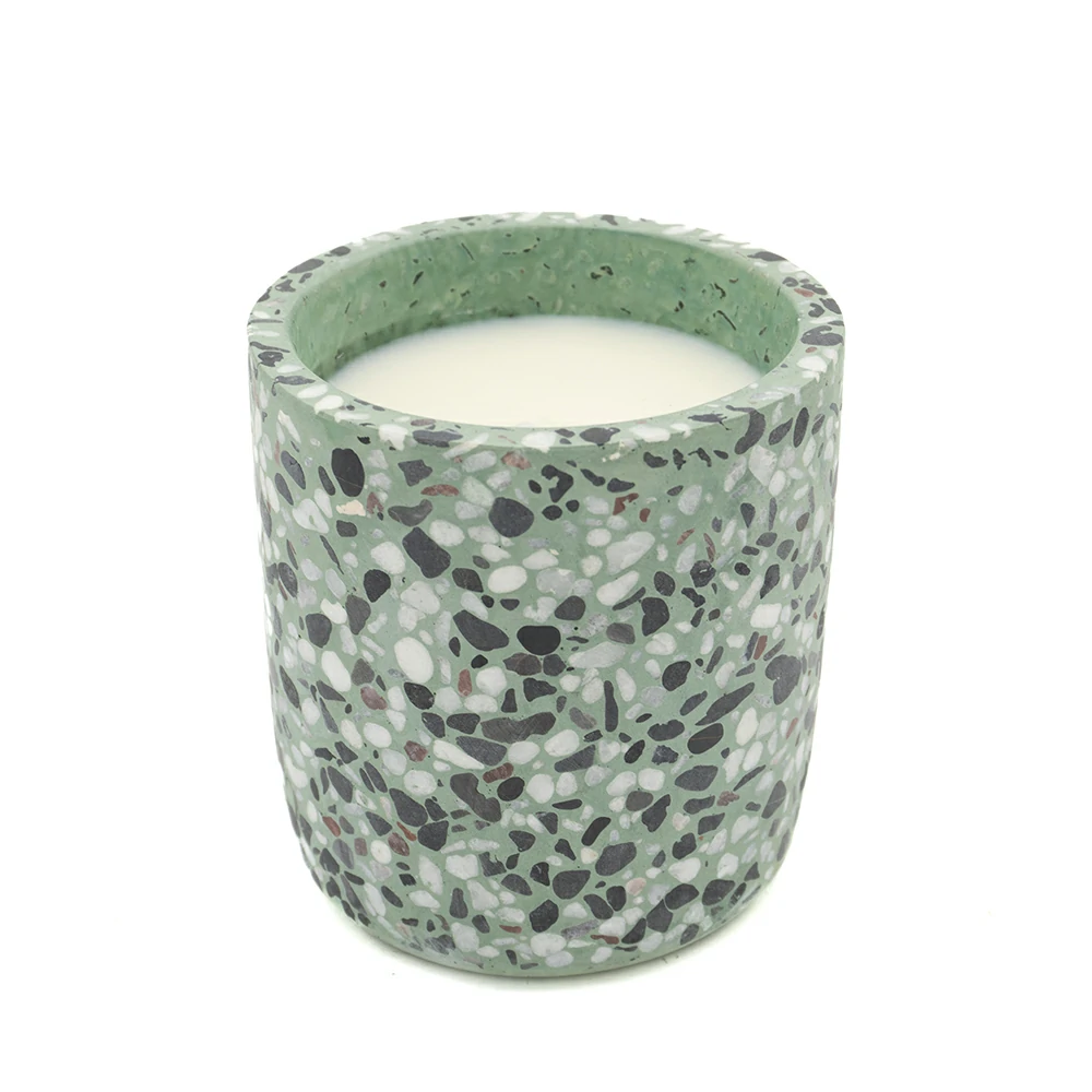 Moden cylinder design terrazzo cement/concrete candle container scents wax candle jars for hotel and home using custom logo and color supporting