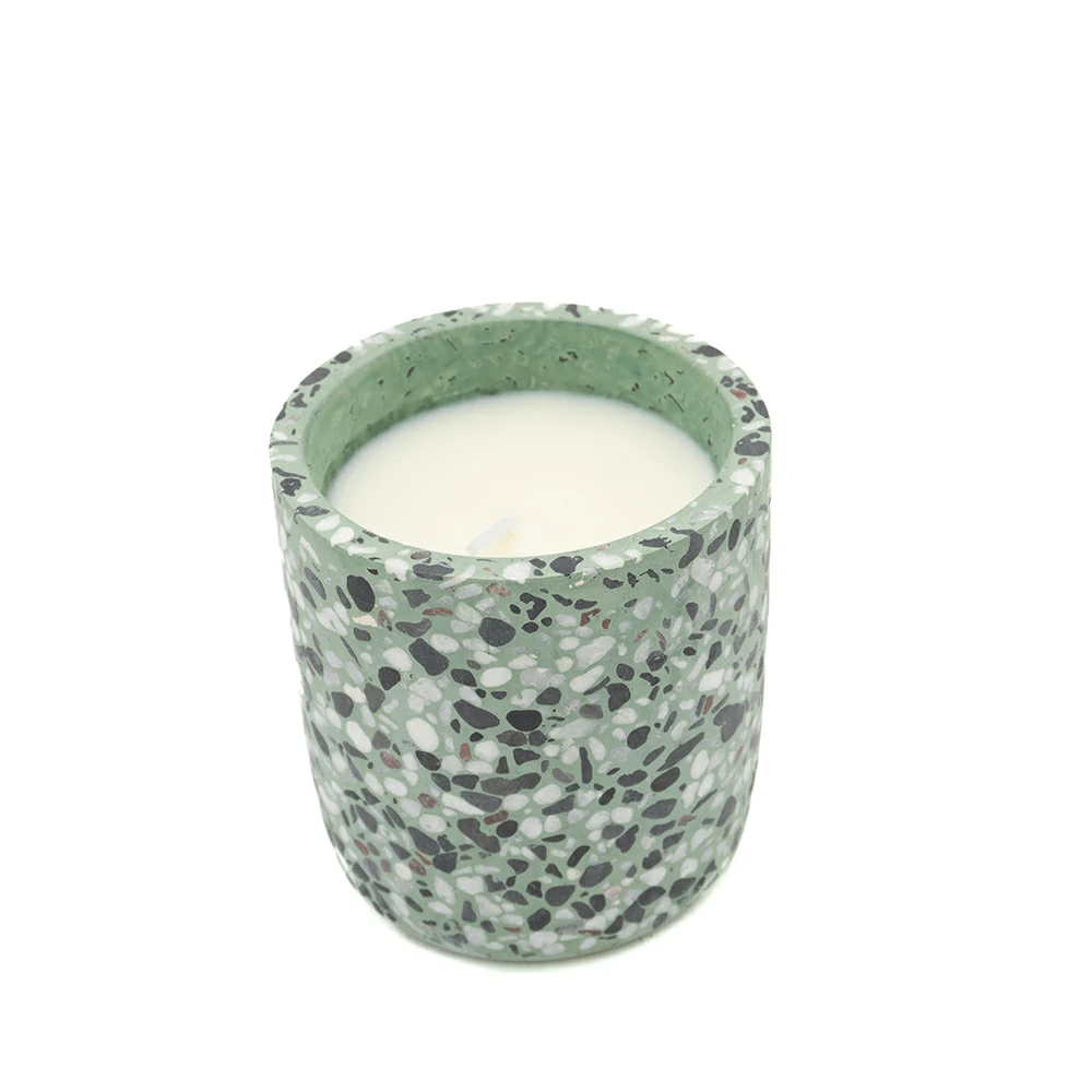 Moden cylinder design terrazzo cement/concrete candle container scents wax candle jars for hotel and home using custom logo and color supporting