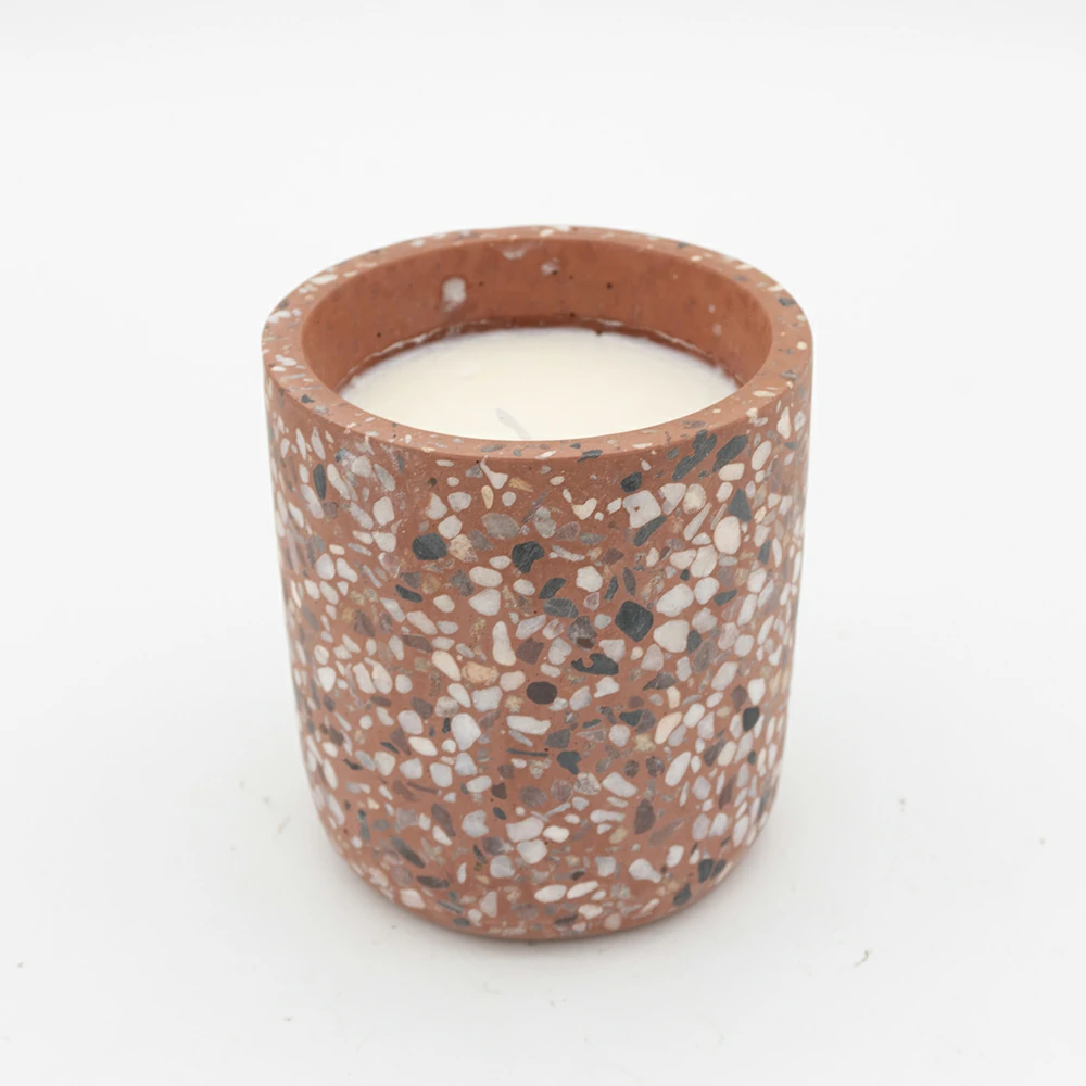 Moden cylinder design terrazzo cement/concrete candle container scents wax candle jars for hotel and home using custom logo and color supporting