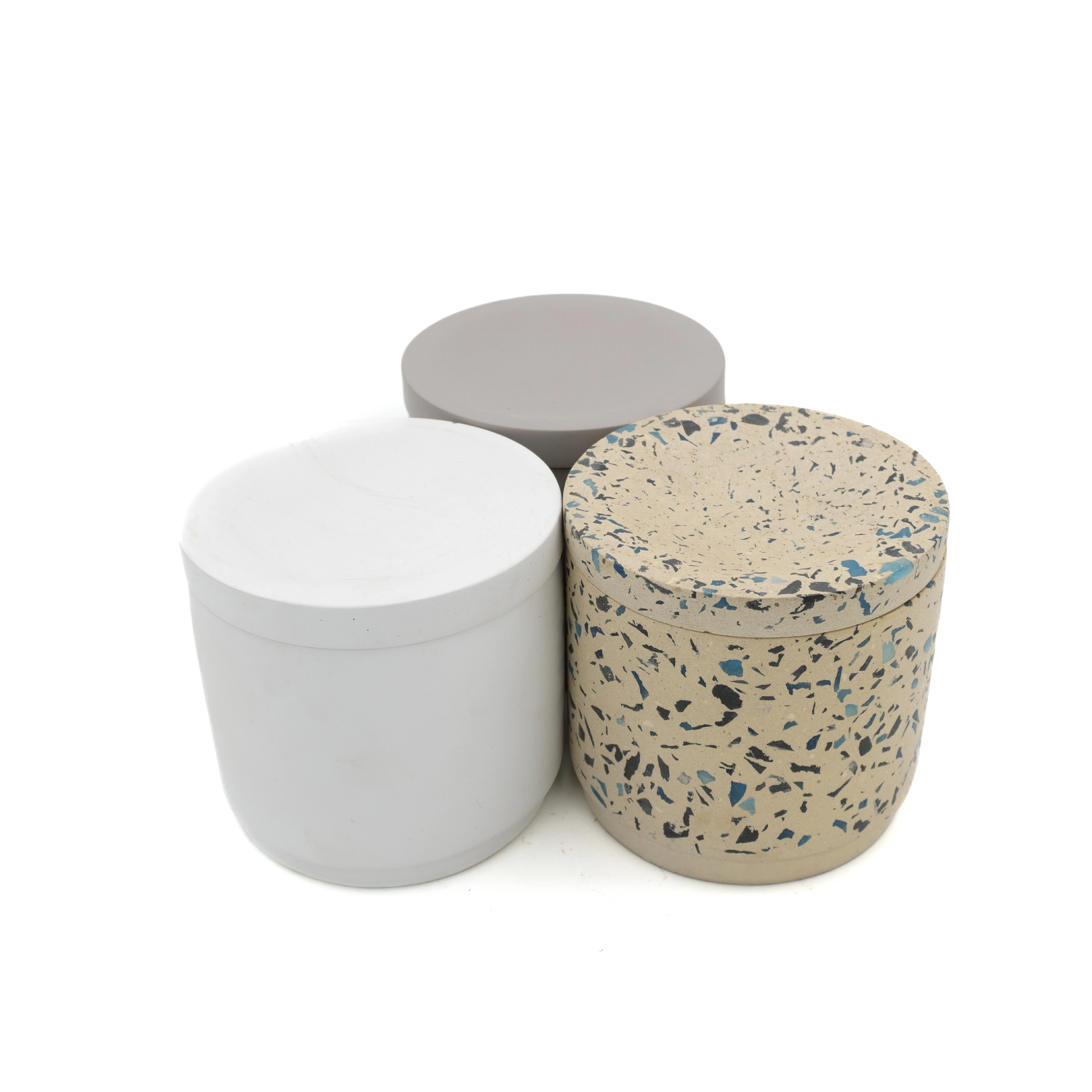 Eco-frinedly material cement/concrete terrazzo wax candle jar with lid for candle vessel home deoctations custom logo supporting