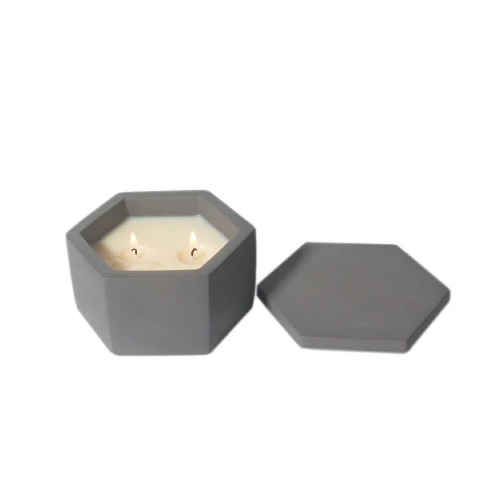 Eco-frinedly material cement/concrete hexagon shape design soy wax scent candle jar with lid custom logo supporting