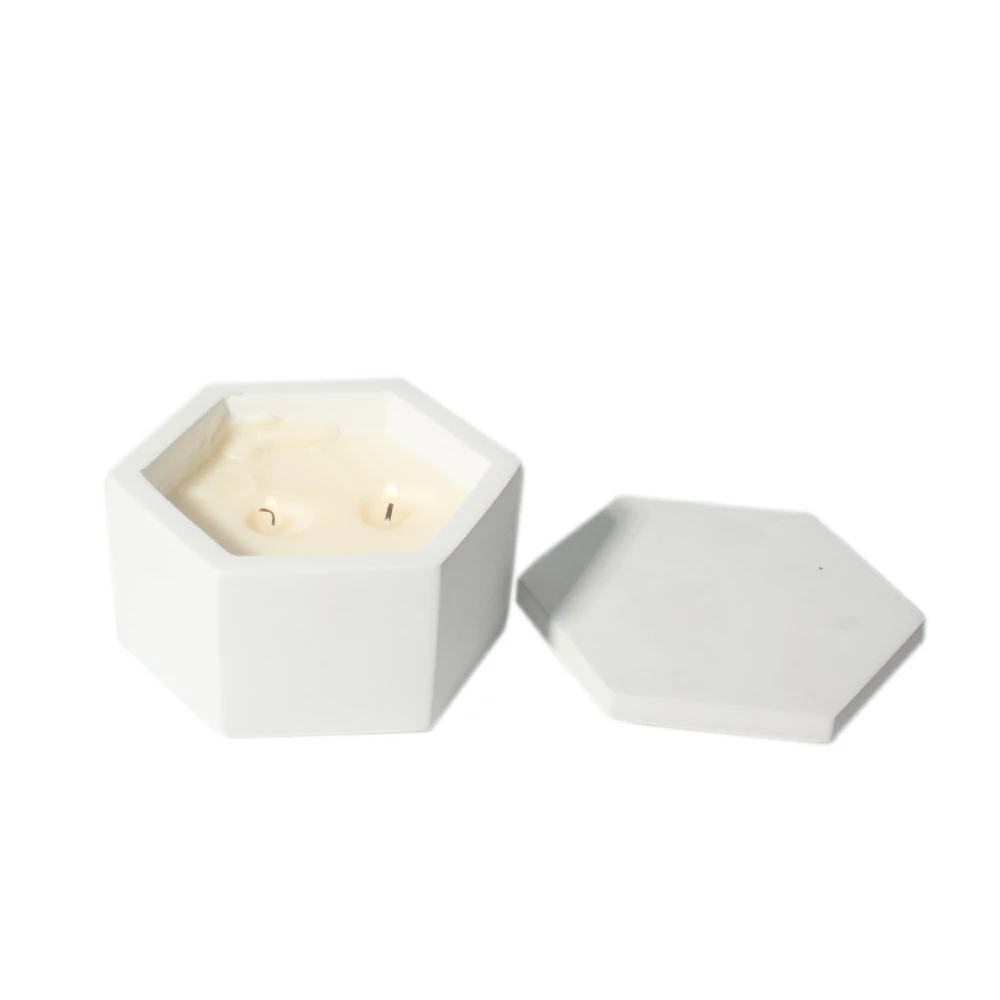 Eco-frinedly material cement/concrete hexagon shape design soy wax scent candle jar with lid custom logo supporting