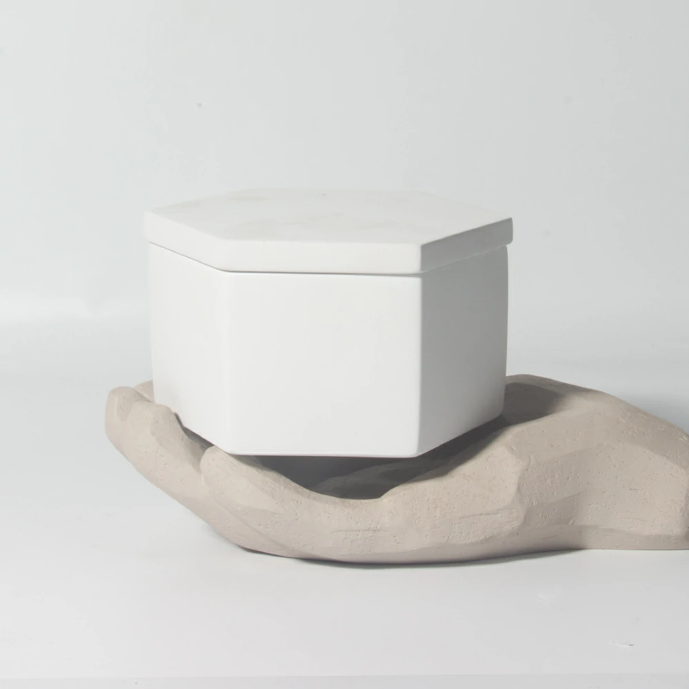 Eco-frinedly material cement/concrete hexagon shape design soy wax scent candle jar with lid custom logo supporting