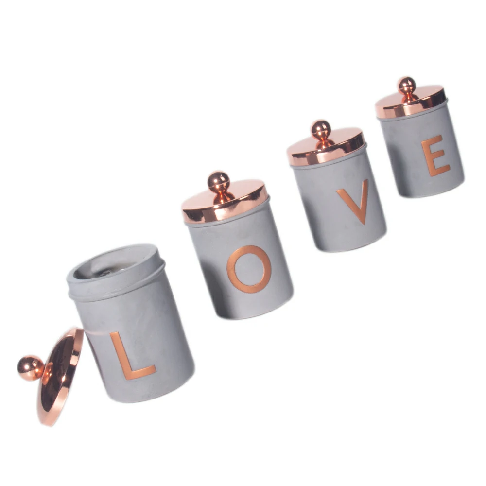 Luxury design cement/concrete embossed logo LOVE wax candle jar with rose gold lid