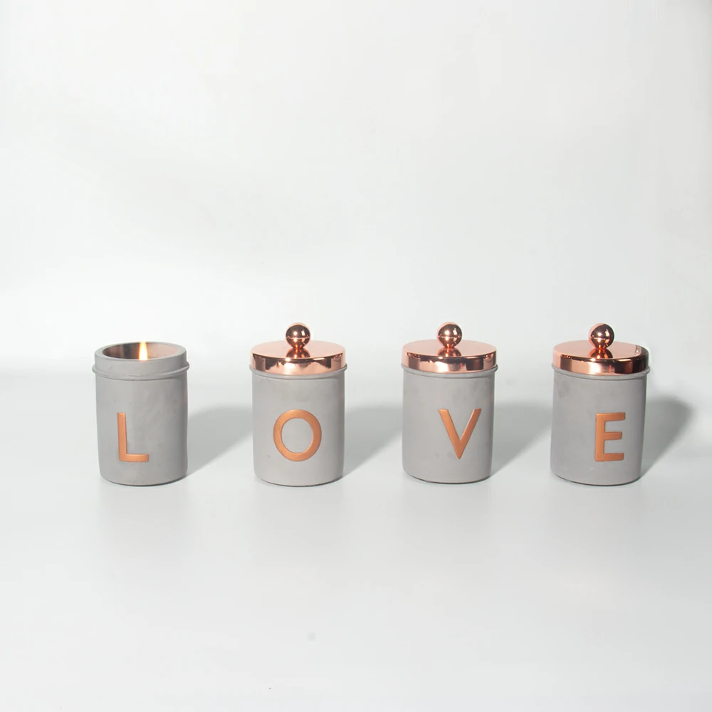 Luxury design cement/concrete embossed logo LOVE wax candle jar with rose gold lid