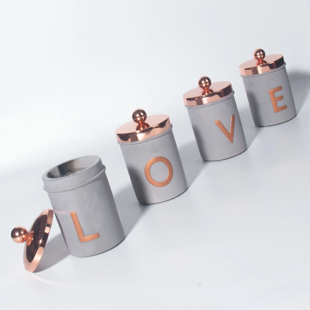 Luxury design cement/concrete embossed logo LOVE wax candle jar with rose gold lid