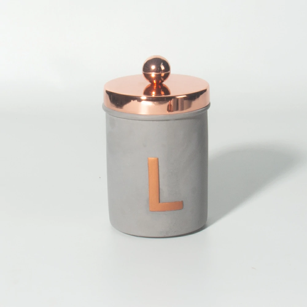 Luxury design cement/concrete embossed logo LOVE wax candle jar with rose gold lid