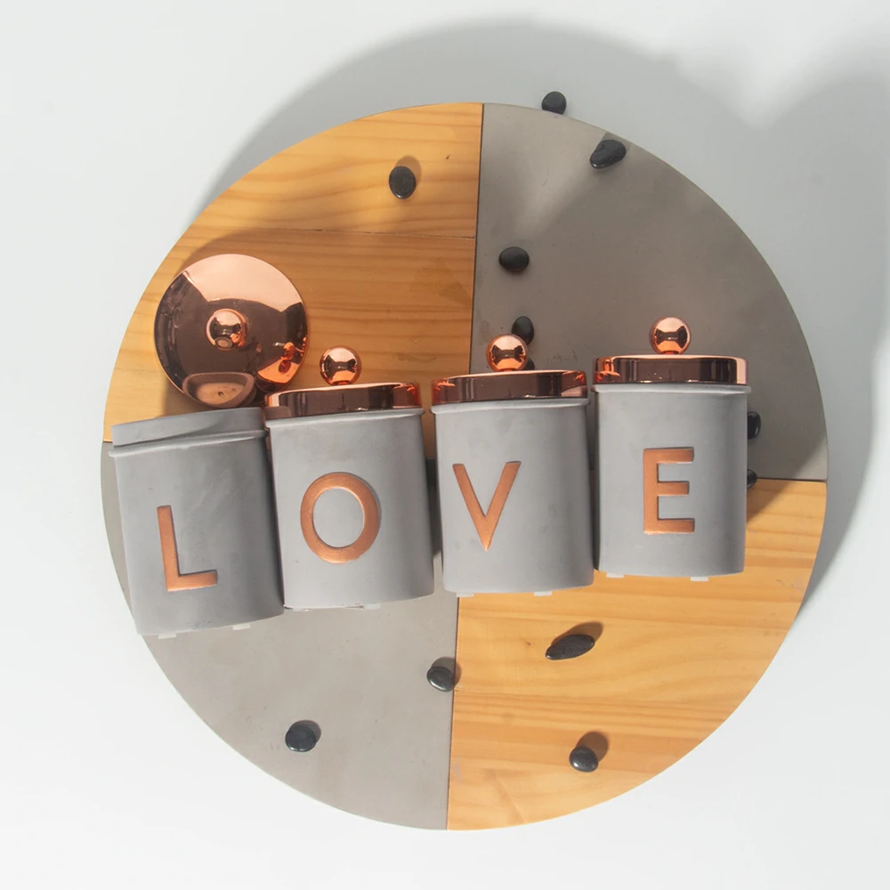 Luxury design cement/concrete embossed logo LOVE wax candle jar with rose gold lid