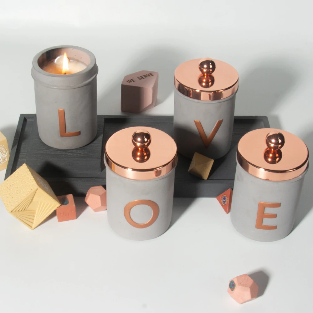 Luxury design cement/concrete embossed logo LOVE wax candle jar with rose gold lid