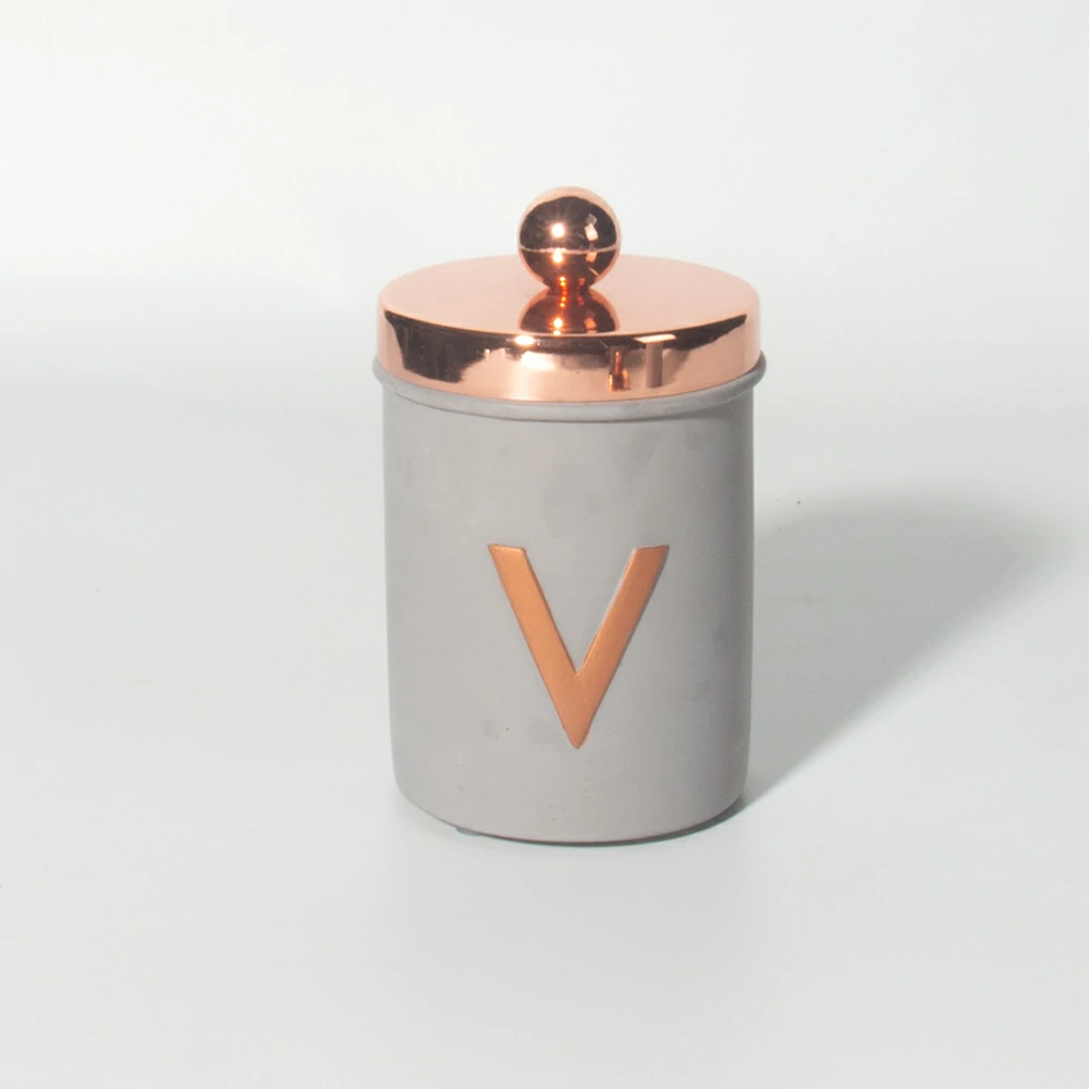 Luxury design cement/concrete embossed logo LOVE wax candle jar with rose gold lid