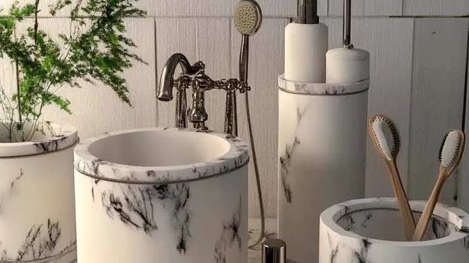 White Marble-Style Concrete Bathroom Accessories: Black Veins Resemble Nature's Brushstrokes