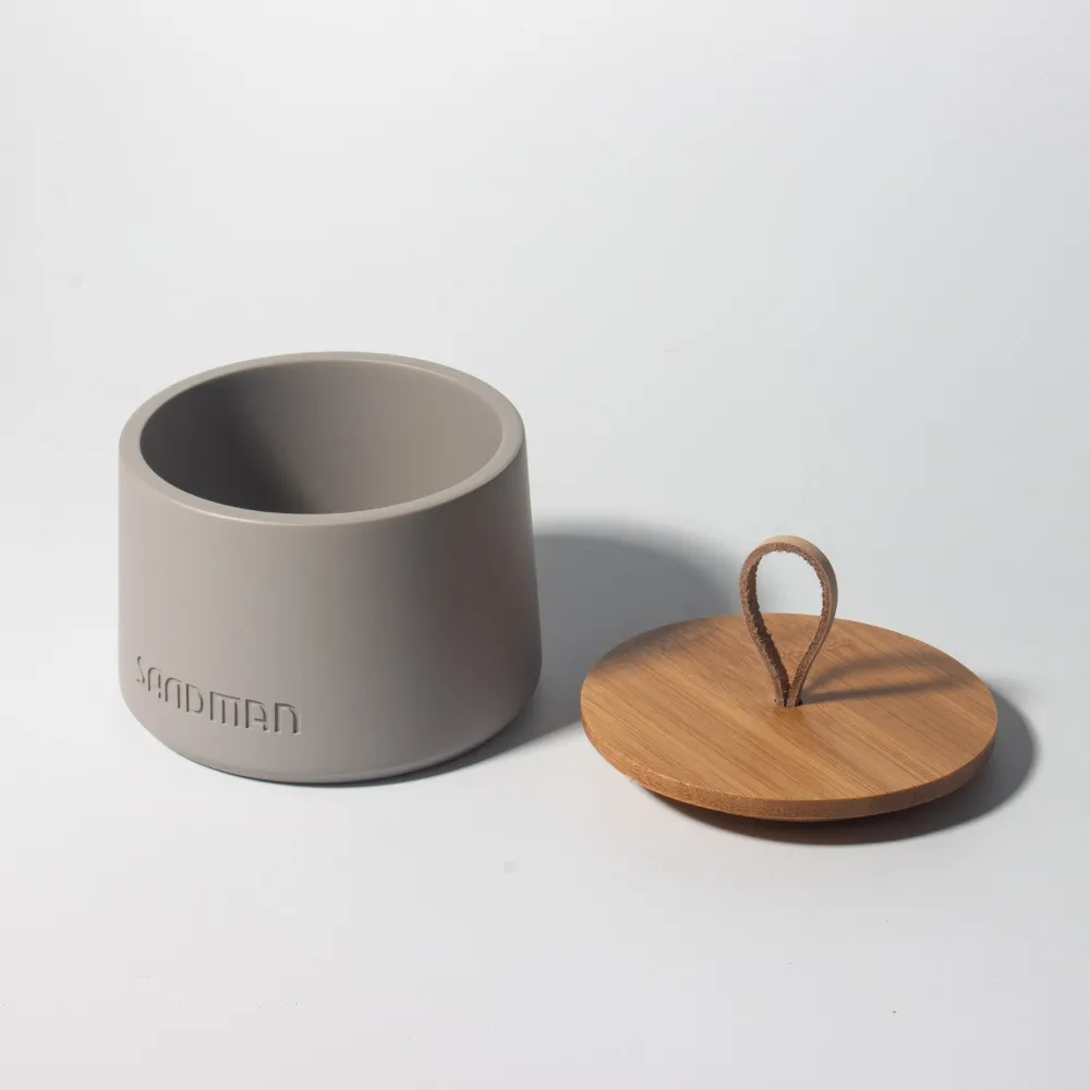 High Quality Nordic Custom LOGO Grey Matte Cement Candle Vessel Concrete Candle Jar With Wooden Lid And Handle