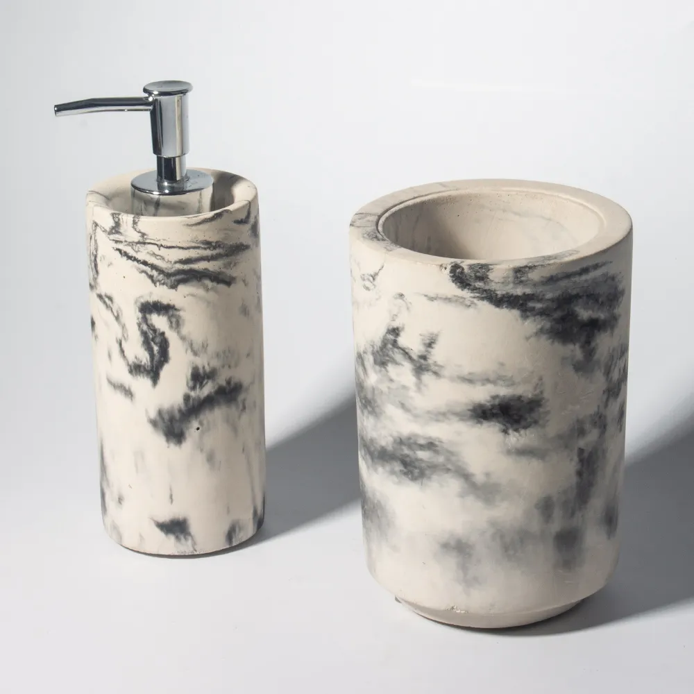 Washroom Set Luxury 2 Pcs Set White Black Splash-Ink Design Cement Concrete Marble Bathroom Accessories Set Hand Soap Dispenser