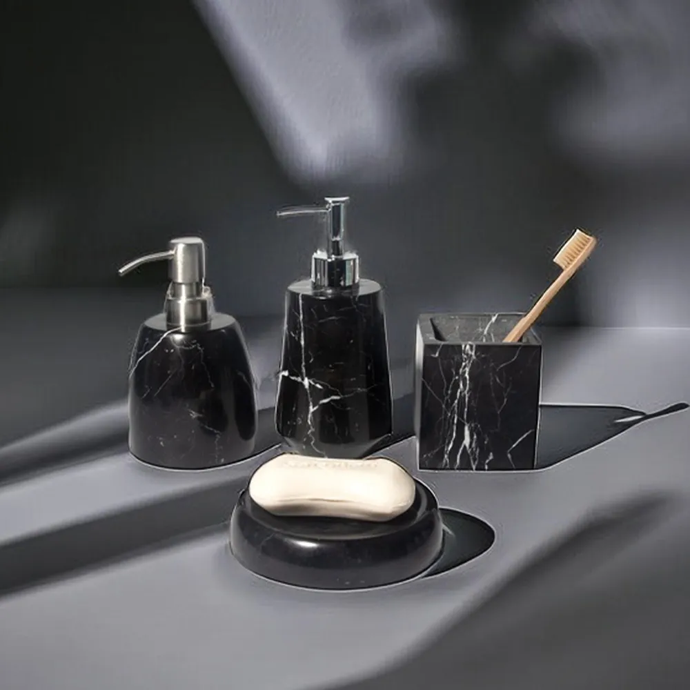 New Design Black Cement Concrete Bathroom Accessories Set Four Piece Set Marble Effect Accessory Bathroom Set With Soap Dish