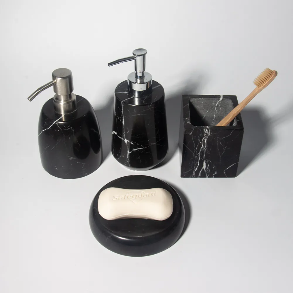 New Design Black Cement Concrete Bathroom Accessories Set Four Piece Set Marble Effect Accessory Bathroom Set With Soap Dish