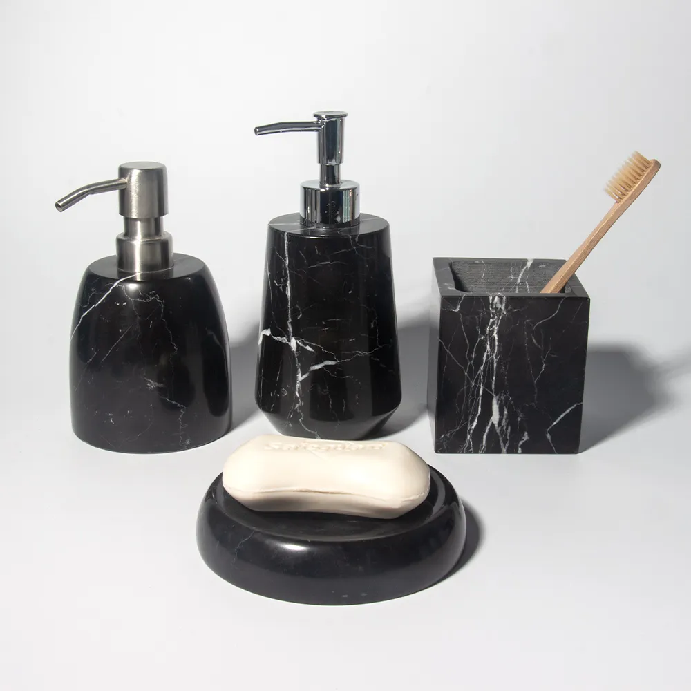 New Design Black Cement Concrete Bathroom Accessories Set Four Piece Set Marble Effect Accessory Bathroom Set With Soap Dish