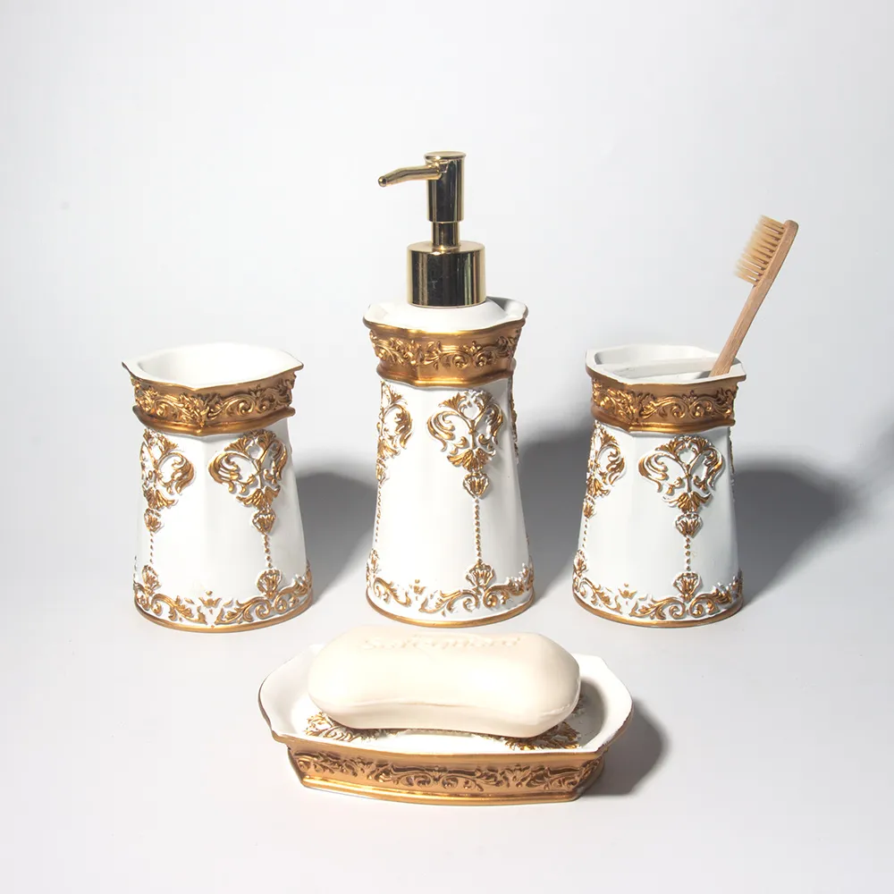 Luxury High Grade European Style Bathroom Four Piece Set Sanitary Hotel Home Resin Bathroom Accessories Set With Lotion Bottle