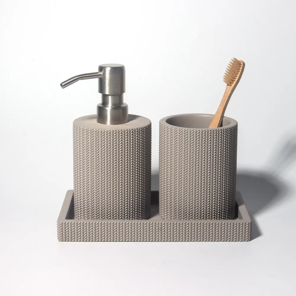 Hot Selling Concrete 3-Piece Set Home Decor Bathroom Products Accessory Hotel Grey Cement Bathroom Set With Woolen Style