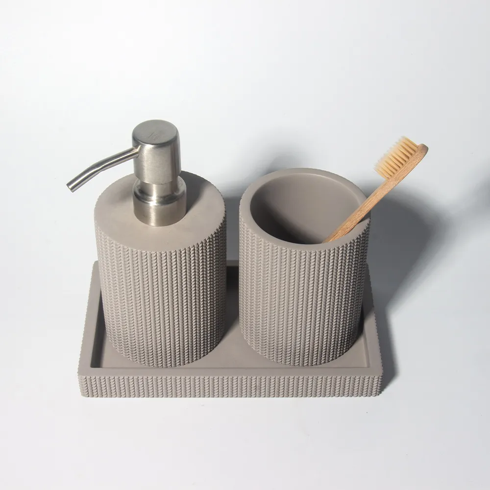 Hot Selling Concrete 3-Piece Set Home Decor Bathroom Products Accessory Hotel Grey Cement Bathroom Set With Woolen Style