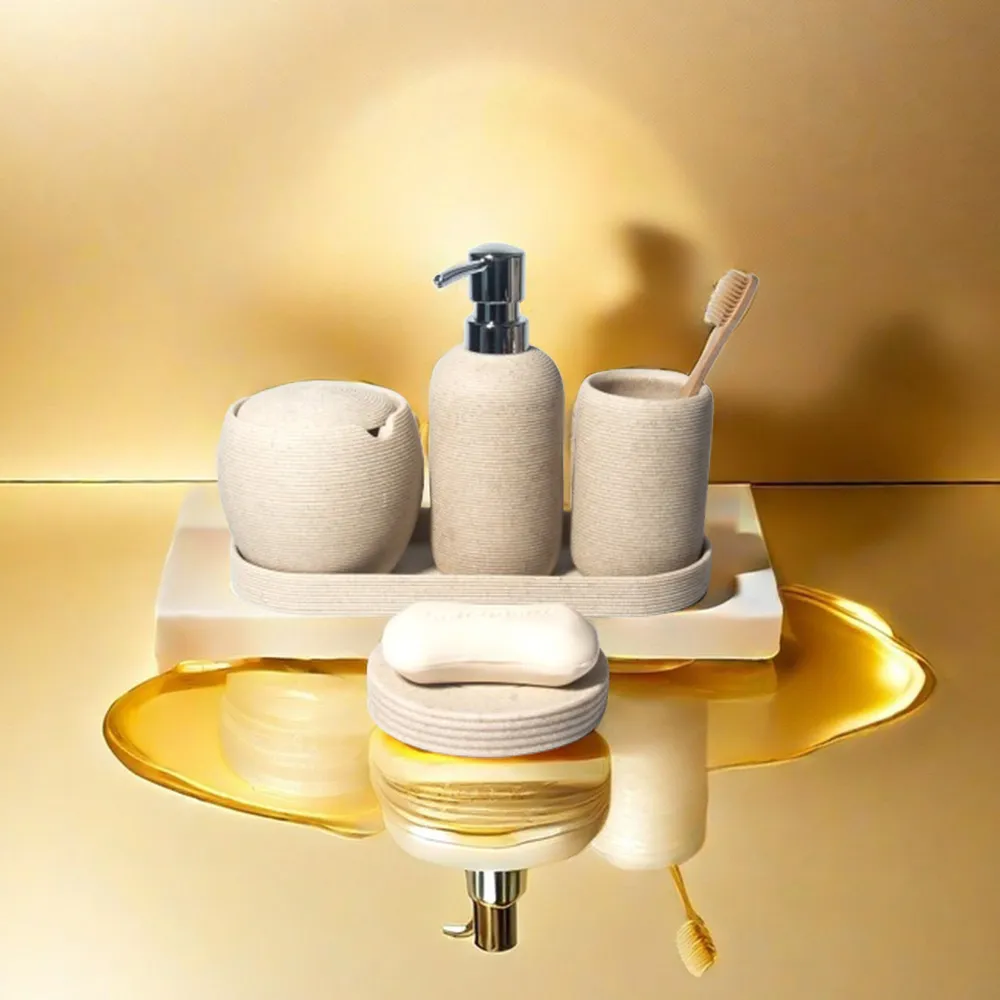 Factory Modern Luxury Custom Toilet Luxury Concrete 5 Pcs Cement Bathroom Accessories Set With Soap Dish Lotion Bottle