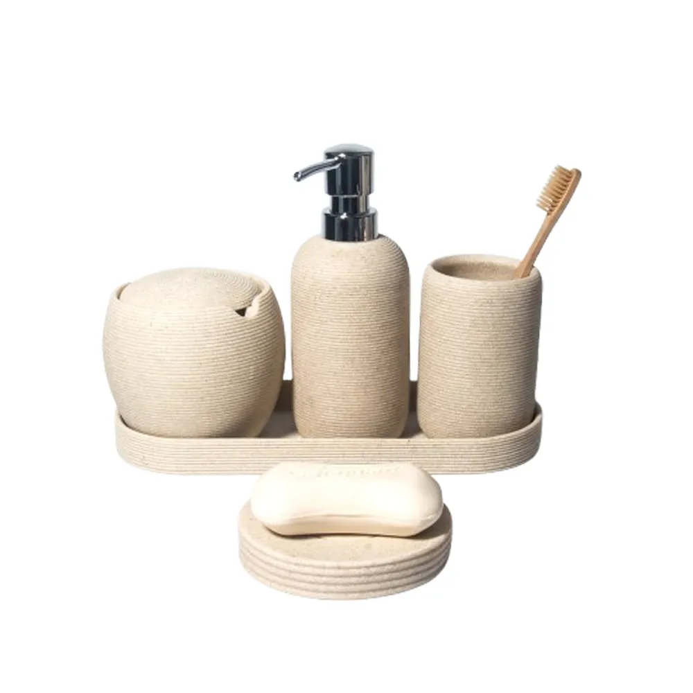 Factory Modern Luxury Custom Toilet Luxury Concrete 5 Pcs Cement Bathroom Accessories Set With Soap Dish Lotion Bottle