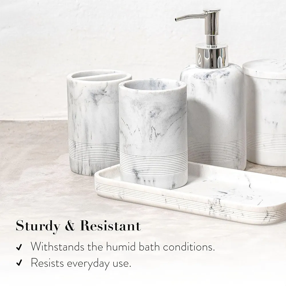 Resin 6 Pcs Marble Look Bathroom Accessories Sets Complete With Soap Dispenser Cotton Jar Tray Home Modern Bathroom Decor