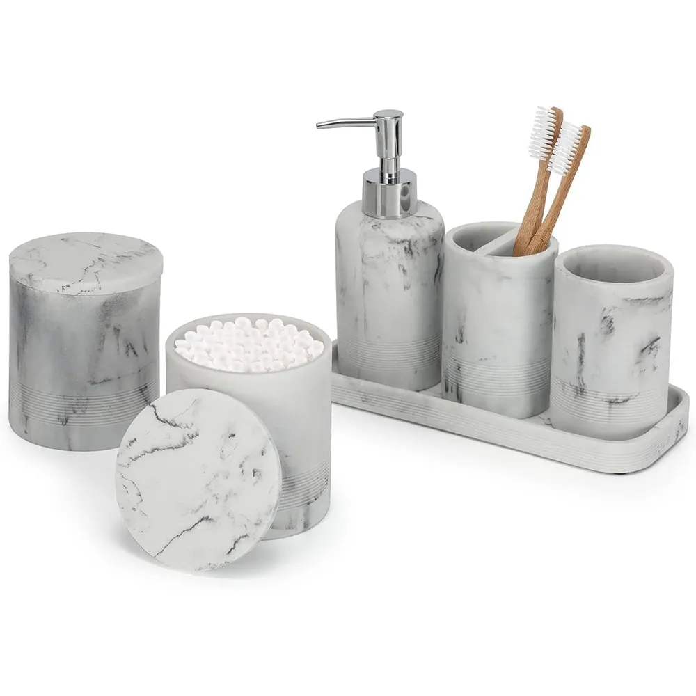 Resin 6 Pcs Marble Look Bathroom Accessories Sets Complete With Soap Dispenser Cotton Jar Tray Home Modern Bathroom Decor