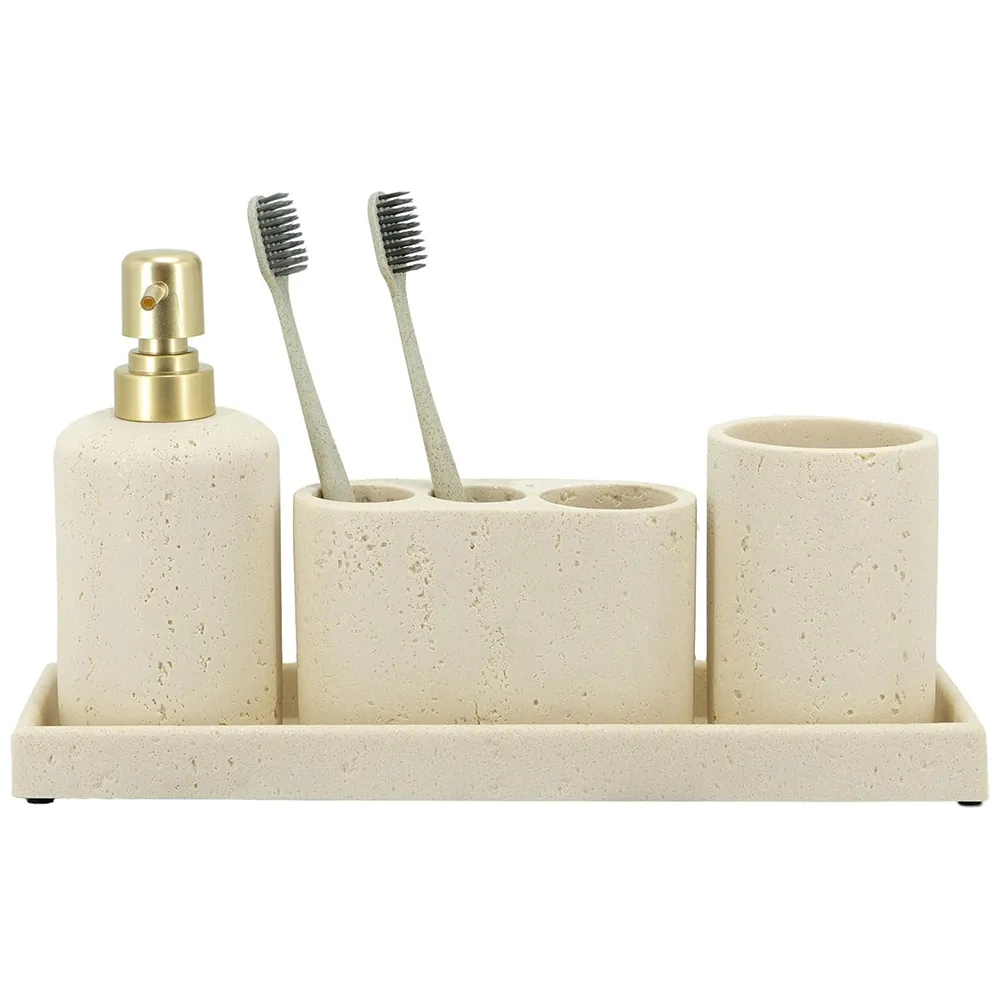 Hot Selling 4pcs Modern Resin Bathroom Accessory Set With Soap Dispenser Mouthwash Cup Toothbrush Holder Tray