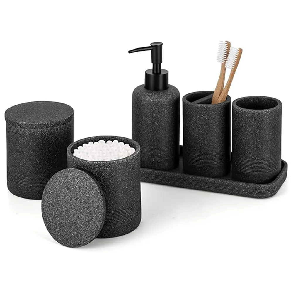 Wholesale Hotel Black Toilet Brush Toothbrush Holder Mouthwash Cup Liquid Soap Dish Dispenser Resin 6pcs Bathroom Set