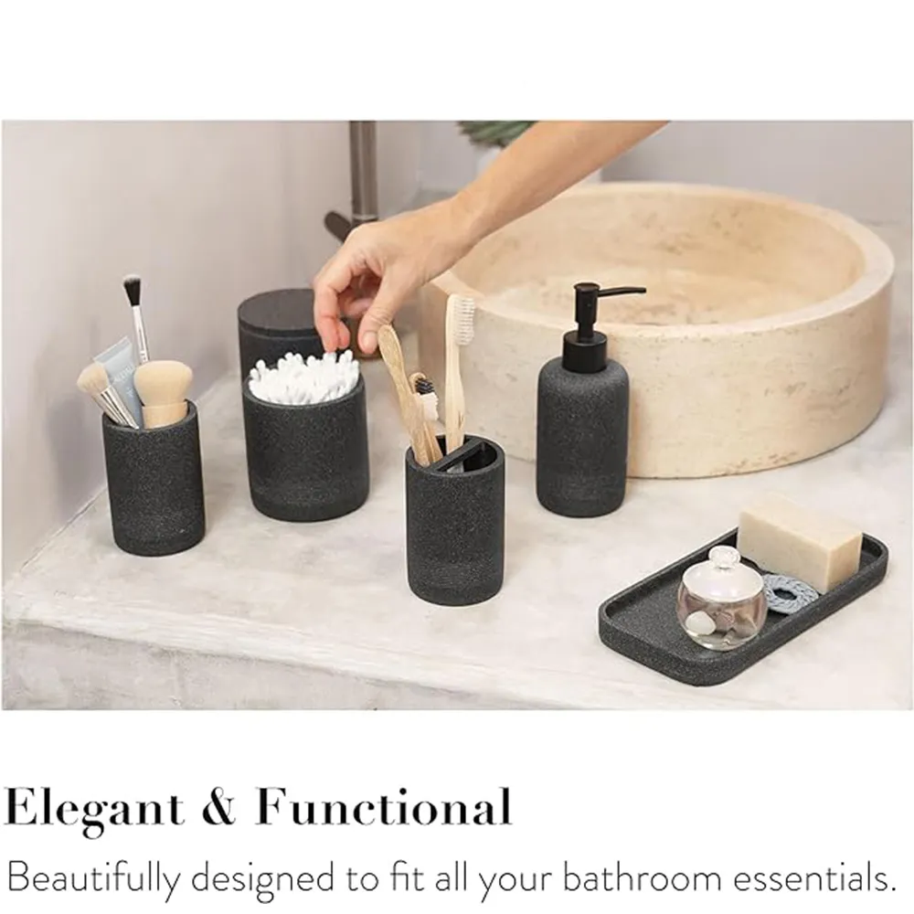 Wholesale Hotel Black Toilet Brush Toothbrush Holder Mouthwash Cup Liquid Soap Dish Dispenser Resin 6pcs Bathroom Set