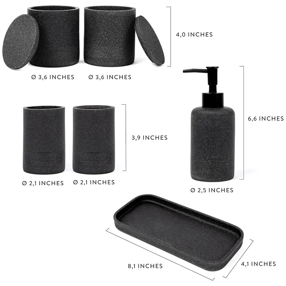 Wholesale Hotel Black Toilet Brush Toothbrush Holder Mouthwash Cup Liquid Soap Dish Dispenser Resin 6pcs Bathroom Set